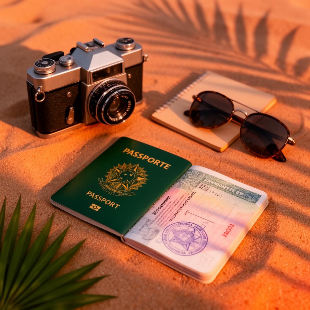 Brazilian passport with digital nomad visa stamp on warm sand